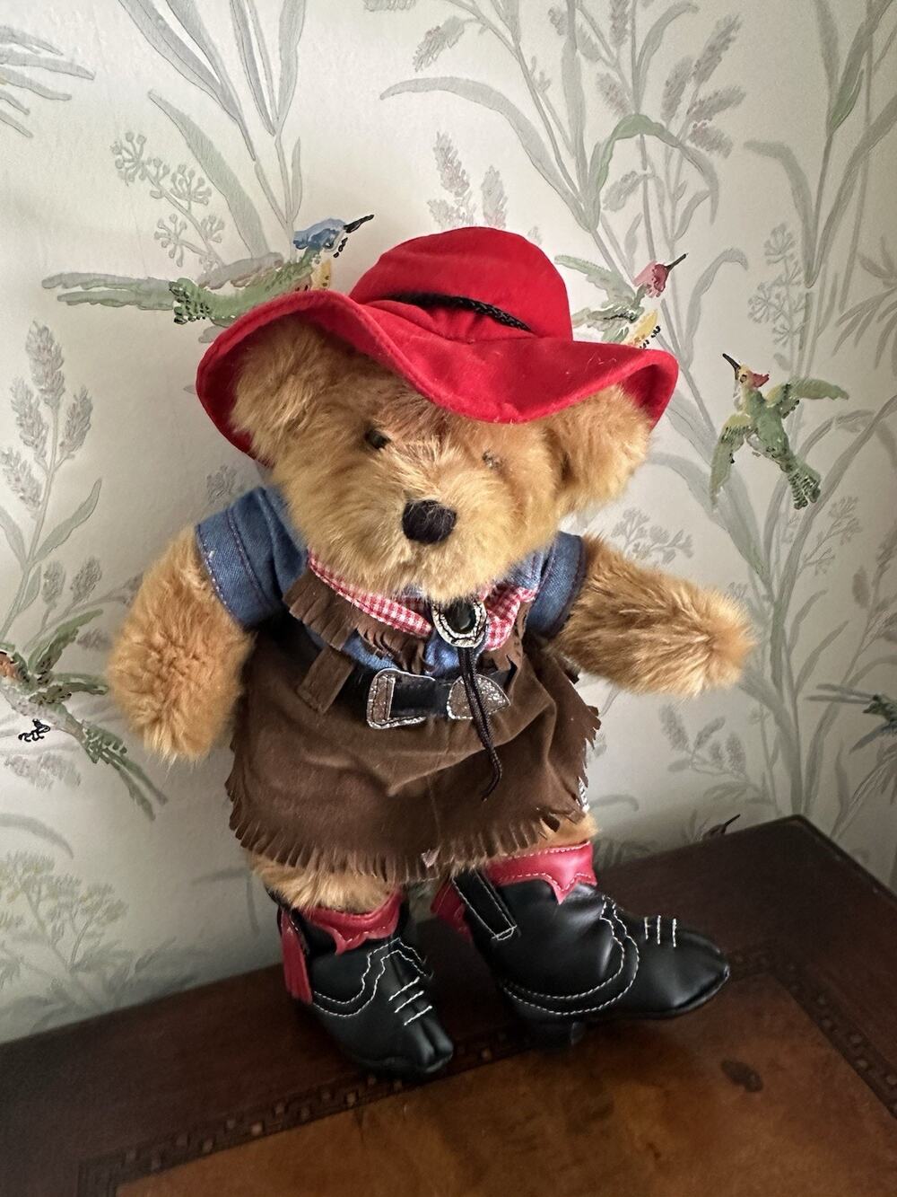 Russ Berrie Cowgirl Teddy Bear Moondance 12” Beanbag Plush Boots Red Hat Dress